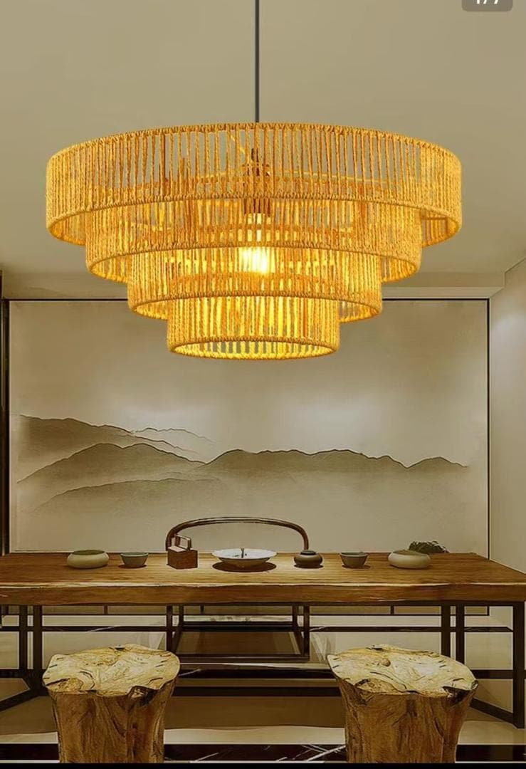 JX 4-tier hand-woven hemp rope drum chandelier.